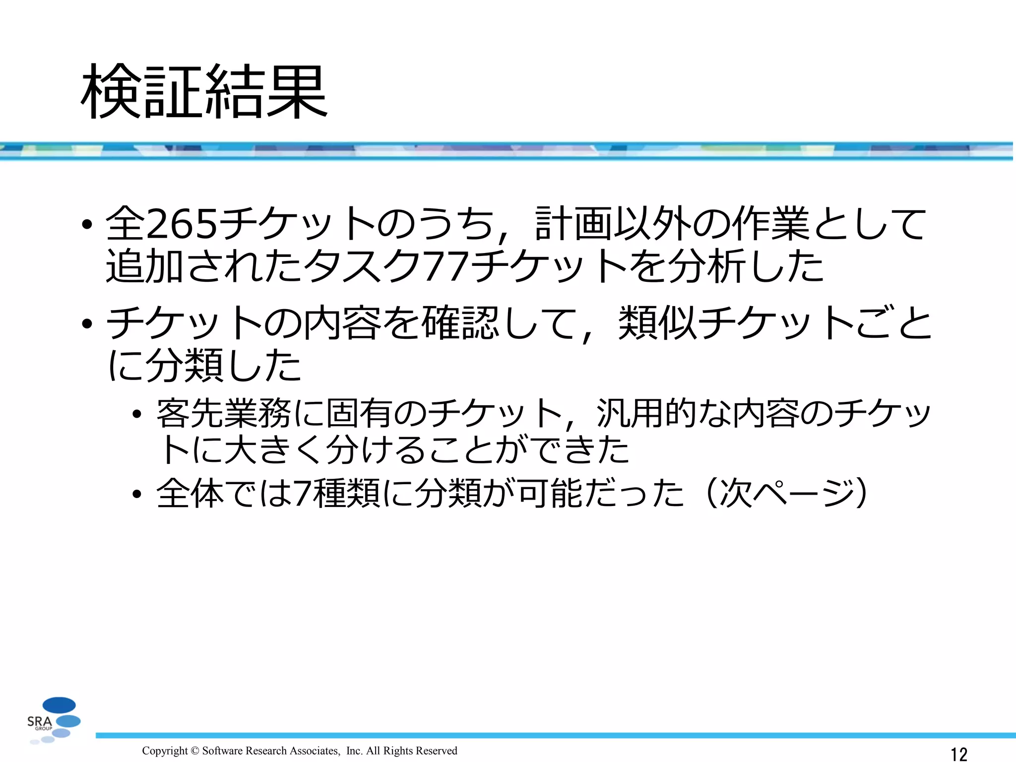 Copyright © Software Research Associates, Inc. All Rights Reserved
検証結果
• 全265チケットのうち，計画以外の作業として
追加されたタスク77チケットを分析した
• チケットの内容を確認して，類似チケットごと
に分類した
• 客先業務に固有のチケット，汎用的な内容のチケッ
トに大きく分けることができた
• 全体では7種類に分類が可能だった（次ページ）
12
 