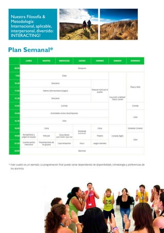 Nuestra Filosofía &
Metodología:
Internacional, aplicable,
interpersonal, divertido:
INTERACTING!
Plan Semanal*
* Este cuadro es un ejemplo. La programación final puede variar dependiendo de disponibilidad, climatología y preferencias de
los alumnos.
 