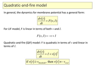 Quadratic-and-fire model
( )
( )
2dv t
I v t
dt
= +
( ) ( )thresholdif , then resetv t v v t v≥ ←
( ) ( , )
dv t
F v I
dt
=
In general, the dynamics for membrane potential has a general form:
Quadratic-and-fire (QIF) model: F is quadratic in terms of v and linear in
terms of I.
For LIF model, F is linear in terms of both v and I.
( , )F v I v I=− +
 
