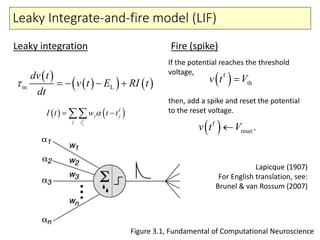 Leaky Integrate-and-fire model (LIF)
( )
( )( ) ( )m L
dv t
v t E RI t
dt
τ =− − +
( ) ( )f
f
j
j j
j t
I t w t tα= −∑∑
( )f
thv t V=
( )f
reset .v t V←
Leaky integration Fire (spike)
If the potential reaches the threshold
voltage,
then, add a spike and reset the potential
to the reset voltage.
Figure 3.1, Fundamental of Computational Neuroscience
Lapicque (1907)
For English translation, see:
Brunel & van Rossum (2007)
 