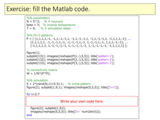 Exercise: fill the Matlab code.
%% parameters
N = 5^2; % # neurons
beta = 3; % inverse temperature
T = 9; % # simulation steps
%% M=3 patterns
P = [ [1,1,1,1,-1, -1,1,-1,-1,1, -1,1,-1,-1,1, -1,1,-1,-1,1, -1,1,1,1,-1]; ...
[1,1,1,1,1, -1,-1,-1,1,-1, -1,-1,-1,1,-1, 1,-1,-1,1,-1, 1,1,1,-1,-1]; ...
[-1,1,1,1,1, 1,-1,-1,-1,-1, 1,-1,-1,-1,-1, 1,-1,-1,-1,-1, -1,1,1,1,1] ];
figure(1);
subplot(131); imagesc(reshape(P(1,:),5,5)); title('pattern 1');
subplot(132); imagesc(reshape(P(2,:),5,5)); title('pattern 2');
subplot(133); imagesc(reshape(P(3,:),5,5)); title('pattern 3');
% connectivity matrix
W = 1/N*(P'*P);
%% simulation
S = 2*(rand(N,1)>0.5)-1; % initial pattern
figure(2); subplot(1,9,1); imagesc(reshape(S,5,5)); title(['t=1']);
for t=2:T
h = W*S; % inputs
p = 1/2*(1+tanh(beta*h)); % prob(S=+1)
S = 2*(rand(N,1)<p)-1; % stochastic Glaubner dynamics
figure(2); subplot(1,9,t);
imagesc(reshape(S,5,5)); title(['t=' num2str(t)]);
end
Write your own code here.
 