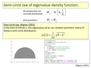 Semi-circle law of eigenvalue density function.
1
0,ij
N
W
 
 
 
: NAll components are
normally distributed:
And symmetric: ij ijW W
Semi-circle law: Wigner (1951)
In the limit of infinite n, the eigenvalues of an nxn random symmetric matrix W
follow a semi-circle distribution:
  21
4
2
p  

 
%% Parameters
n =10000; t =1; v = [ ]; dx = 0.1;
%% Experiment
for i=1:t,
a=randn(n); % random nxn matrix
s =(a+a')/2 ; % symmetrized matrix
v =[v ; eig(s)] ; % eigenvalues
end
v=v/sqrt (n/2) ;
%% Plot
[count , x]= hist(v , -2:dx:2) ;
cla reset; hold on ;
%% Theory
plot(x , sqrt (4-x.^2)/(2*pi) , 'k-', 'LineWidth' , 2);
bar (x , count/(t*n*dx) , 'facecolor', [0.7 0.7 0.7]) ;
Wigner (1951)
 