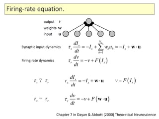 Firing-rate equation.
Chapter 7 in Dayan & Abbott (2000) Theoretical Neuroscience
 r s
dv
v F I
dt
   
1
uN
s
s s b b s
b
dI
I w u I
dt


       w uSynaptic input dynamics
Firing rate dynamics
s r ? s
s s
dI
I
dt
    w u  sv F I
s r =  r
dv
v F
dt
    w u
 