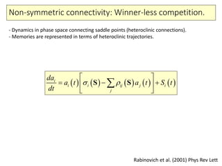 Non-symmetric connectivity: Winner-less competition.
- Dynamics in phase space connecting saddle points (heteroclinic connections).
- Memories are represented in terms of heteroclinic trajectories.
         i
i i ij j i
j
da
a t a t S t
dt
 
 
   
 
S S
Rabinovich et al. (2001) Phys Rev Lett
 