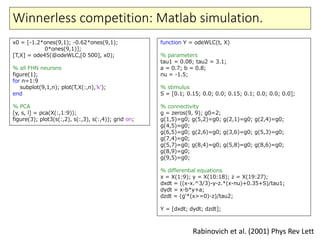 Winnerless competition: Matlab simulation.
Rabinovich et al. (2001) Phys Rev Lett
function Y = odeWLC(t, X)
% parameters
tau1 = 0.08; tau2 = 3.1;
a = 0.7; b = 0.8;
nu = -1.5;
% stimulus
S = [0.1; 0.15; 0.0; 0.0; 0.15; 0.1; 0.0; 0.0; 0.0];
% connectivity
g = zeros(9, 9); g0=2;
g(1,5)=g0; g(5,2)=g0; g(2,1)=g0; g(2,4)=g0;
g(4,5)=g0;
g(6,5)=g0; g(2,6)=g0; g(3,6)=g0; g(5,3)=g0;
g(7,4)=g0;
g(5,7)=g0; g(8,4)=g0; g(5,8)=g0; g(8,6)=g0;
g(8,9)=g0;
g(9,5)=g0;
% differential equations
x = X(1:9); y = X(10:18); z = X(19:27);
dxdt = ((x-x.^3/3)-y-z.*(x-nu)+0.35+S)/tau1;
dydt = x-b*y+a;
dzdt = (g'*(x>=0)-z)/tau2;
Y = [dxdt; dydt; dzdt];
x0 = [-1.2*ones(9,1); -0.62*ones(9,1);
0*ones(9,1)];
[T,X] = ode45(@odeWLC,[0 500], x0);
% all FHN neurons
figure(1);
for n=1:9
subplot(9,1,n); plot(T,X(:,n),'k');
end
% PCA
[y, s, l] = pca(X(:,1:9));
figure(3); plot3(s(:,2), s(:,3), s(:,4)); grid on;
 