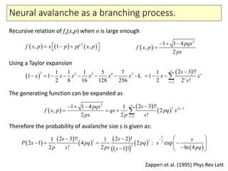 Neural avalanche as a branching process.
Zapperi et al. (1995) Phys Rev Lett
     2
, 1 ,f x p x p pf x p      
2
1 1 4
,
2
pqx
f x p
px
  

 
 2 2 3 4 5
2
2 3 !!1 1 1 5 7 1
1 1 1
2 8 16 128 256 2 2 !
s
s
s
s
x x x x x x x x
s



           L
 
 
 
2
2 1
2
2 3 !!1 1 4 1
, 2
2 2 !
s s
s
spqx
f x p qx pq x
px p s



  
   
 
 
 
 
  
 
 
3
2
2
2 3 !! 2 2 !1 1
2 1 4 2 exp
2 ! 2 ln 41 !
s ss s s
P s pq pq s
p s ps pqs
   
       
:
Recursive relation of fn(x,p) when n is large enough
Using a Taylor expansion
The generating function can be expanded as
Therefore the probability of avalanche size s is given as:
 