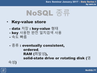 Sarc Seminar January 2017 – Data Series I
by sarc.io
NoSQL??삵
NoSQL 종류
• Key-value store
- data 저장 : key-value 형태
- key 사용한 완전 일치검색 사용
- 속도 빠름
- 종류 : eventually consistent,
ordered,
RAM (휘발성),
solid-state drive or rotating disk (영
속성)
 