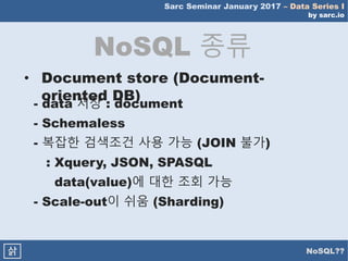 Sarc Seminar January 2017 – Data Series I
by sarc.io
NoSQL??삵
NoSQL 종류
• Document store (Document-
oriented DB)
- data 저장 : document
- Schemaless
- 복잡한 검색조건 사용 가능 (JOIN 불가)
: Xquery, JSON, SPASQL
data(value)에 대한 조회 가능
- Scale-out이 쉬움 (Sharding)
 