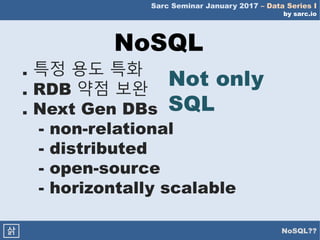 Sarc Seminar January 2017 – Data Series I
by sarc.io
NoSQL??삵
NoSQL
. 특정 용도 특화
. RDB 약점 보완
. Next Gen DBs
- non-relational
- distributed
- open-source
- horizontally scalable
Not only
SQL
 