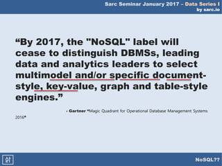Sarc Seminar January 2017 – Data Series I
by sarc.io
NoSQL??삵
“By 2017, the "NoSQL" label will
cease to distinguish DBMSs, leading
data and analytics leaders to select
multimodel and/or specific document-
style, key-value, graph and table-style
engines.”
- Gartner “Magic Quadrant for Operational Database Management Systems
2016”
 