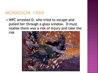  WPC arrested D, who tried to escape and
pulled her through a glass window. D must
realise there was a risk of injury and take the
risk
 