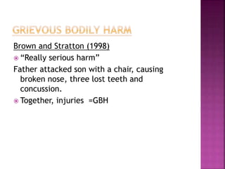 Brown and Stratton (1998)
 “Really serious harm”
Father attacked son with a chair, causing
broken nose, three lost teeth and
concussion.
 Together, injuries =GBH
 