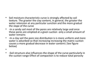 • Soil moisture characteristic curve is strongly affected by soil
texture. The graeter the clay content, in general, the greater the
water retension at any particular sunction and the more gradual
the slope of the curve
• -In a sandy soil most of the pores are relatively large and once
these pores are emptied at a given suction only a small amount of
water remains
• -In a clay soil the pore size distribution is is more uniform and more
water is adsorbed so that increasing increasing the matric suction
causes a more gradual decrease in water content ( See figure
below)
•
• -Soil structure also influences the shape of the curve particularly in
the suction range-Effect of compaction is to reduce total porosity
 