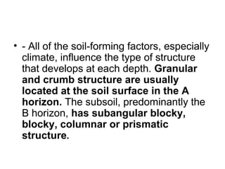 • - All of the soil-forming factors, especially
climate, influence the type of structure
that develops at each depth. Granular
and crumb structure are usually
located at the soil surface in the A
horizon. The subsoil, predominantly the
B horizon, has subangular blocky,
blocky, columnar or prismatic
structure.
 