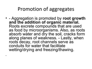 Promotion of aggregates
• - Aggregation is promoted by root growth
and the addition of organic material.
Roots excrete compounds that are used
as food by microorganisms. Also, as roots
absorb water and dry the soil, cracks form
along planes of weakness. - Lastly, when
roots decay, root channels serve as
conduits for water that facilitate
wetting/drying and freezing/thawing.
.
 