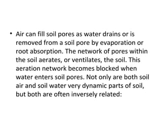 • Air can fill soil pores as water drains or is
removed from a soil pore by evaporation or
root absorption. The network of pores within
the soil aerates, or ventilates, the soil. This
aeration network becomes blocked when
water enters soil pores. Not only are both soil
air and soil water very dynamic parts of soil,
but both are often inversely related:
 