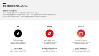 주요숏폼플랫폼:틱톡,쇼츠,릴스
닮은 듯 다른 3사의 숏폼 서비스
틱톡이 주도하던 숏폼 시장에 유튜브와 인스타그램이 뛰어들면서 3강 구도를 이루게 되었습니다.
틱톡은 대표적인 숏폼 플랫폼으로서 독보적인 입지를 구축하고 있으며, 쇼츠와 릴스는 방대한 기존 유저를 기반으로 빠르게 성장하고 있습니다.
이들은 짧은 영상이라는 포맷을 공유하지만, 각 플랫폼이 가진 특장점과 결합하여 다른 형태의 서비스를 완성했습니다.
이용자의 콘텐츠 제작 활발
자발적인 콘텐츠 제작〮업로드가 활발히 일어나
이용자 참여를 통한 바이럴 마케팅에 효과적
다양한 광고 상품 보유
피드 광고, 전면 광고, 해시태그 챌린지 등
캠페인에 따라 최적화된 광고 상품을 선택 가능
틱톡
숏폼으로 롱폼 콘텐츠 유입 유도
기존 유튜브 콘텐츠를 숏폼 콘텐츠로 재생산해
롱폼 유입을 유도하는 장치로 활용
높은 이용률과 다양한 연령대의 이용자 보유
유튜브는 이용률이 높고
연령대가 다양하여 높은 콘텐츠 도달률 기대
유튜브 쇼츠
시각적 콘텐츠를 통한 브랜딩에 용이
인스타그래머블한 이미지에 대한 선호가 숏폼에도 적용,
뷰티〮패션 업종의 브랜딩 활동에 효과적
샵 기능으로 구매 전환 유도에 용이
릴스 콘텐츠에 인스타그램 샵을 연결할 수 있어
이용자가 빠르고 쉽게 제품 정보를 확인하고 구매 가능
인스타그램 릴스
 