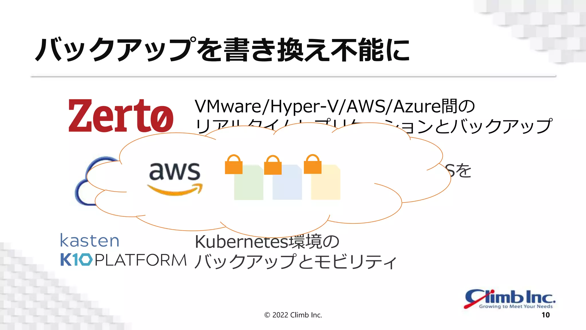 バックアップを書き換え不能に
© 2022 Climb Inc. 10
VMware/Hyper-V/AWS/Azure間の
リアルタイムレプリケーションとバックアップ
AWS上のEC2インスタンスやRDSを
高速バックアップ、リストア
Kubernetes環境の
バックアップとモビリティ
 
