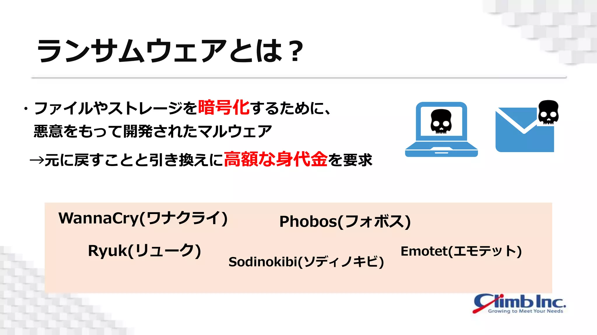 ランサムウェアとは？
Ryuk(リューク)
WannaCry(ワナクライ) Phobos(フォボス)
Sodinokibi(ソディノキビ)
・ファイルやストレージを暗号化するために、
悪意をもって開発されたマルウェア
→元に戻すことと引き換えに高額な身代金を要求
Emotet(エモテット)
 