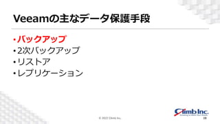 Veeamの主なデータ保護手段
•バックアップ
•2次バックアップ
•リストア
•レプリケーション
© 2022 Climb Inc. 19
 