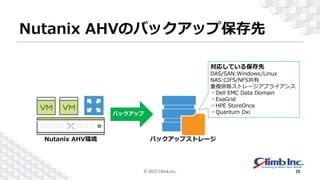 Nutanix AHVのバックアップ保存先
対応している保存先
DAS/SAN:Windows/Linux
NAS:CIFS/NFS共有
重複排除ストレージアプライアンス
・Dell EMC Data Domain
・ExaGrid
・HPE StoreOnce
・Quantum Dxi
© 2022 Climb Inc. 26
バックアップストレージ
Nutanix AHV環境
 