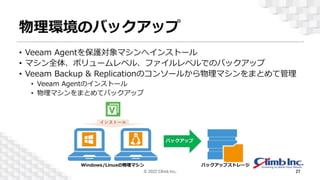 物理環境のバックアップ
• Veeam Agentを保護対象マシンへインストール
• マシン全体、ボリュームレベル、ファイルレベルでのバックアップ
• Veeam Backup & Replicationのコンソールから物理マシンをまとめて管理
• Veeam Agentのインストール
• 物理マシンをまとめてバックアップ
© 2022 Climb Inc. 27
 