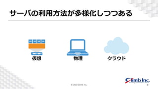 サーバの利用方法が多様化しつつある
物理
仮想 クラウド
© 2022 Climb Inc. 3
 