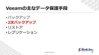 Veeamの主なデータ保護手段
•バックアップ
•2次バックアップ
•リストア
•レプリケーション
© 2022 Climb Inc. 32
 