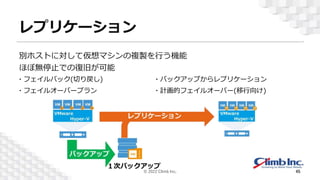 レプリケーション
別ホストに対して仮想マシンの複製を行う機能
ほぼ無停止での復旧が可能
・フェイルバック(切り戻し)
・フェイルオーバープラン
・バックアップからレプリケーション
・計画的フェイルオーバー(移行向け)
© 2022 Climb Inc. 45
 