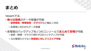 まとめ
Veeamでは、
• 様々な環境のデータ保護が可能
• 仮想環境・物理環境・クラウドなど幅広く対応
• 各環境に合わせたデータ保護
• 各環境のバックアップを1つのコンソールでまとめて管理が可能
• 仮想・物理・クラウド問わず2次バックアップが可能
• 元の環境だけでなく別環境に対してリストア可能
© 2022 Climb Inc. 49
 