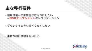 主な移行要件
• 運用環境への影響をほぼゼロにしたい
⇒NOスナップショットなレプリケーション
• ダウンタイムをなるべく短くしたい
• 柔軟な移行試験を行いたい
© 2023 Climb Inc. 13
 