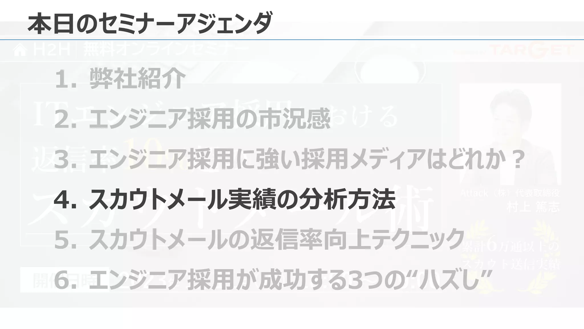 Presented by
H2H 無料オンラインセミナー
Attack（株）代表取締役
村上 篤志
2023年 1月 11日 18:00 ～ 19:00
（水）
開催日時
返信率10%超の
ITエンジニア採用における
スカウトメール術 累計6万通以上の
スカウト送信実績
累計6万通以上の
スカウト送信実績
本日のセミナーアジェンダ
1. 弊社紹介
2. エンジニア採用の市況感
3. エンジニア採用に強い採用メディアはどれか？
4. スカウトメール実績の分析方法
5. スカウトメールの返信率向上テクニック
6. エンジニア採用が成功する3つの“ハズし”
 