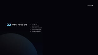 20대 미디어 이용 행태 • TV 이용 시간
• 인터넷 이용 시간
• 동영상 미디어 이용 시간
• 인터넷 주 이용 시간대
• 주 이용 인터넷 서비스
 
