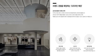 브랜드경험을확장하는‘오프라인매장’
공간을 활용한 브랜딩 전략
이커머스 패션 브랜드 사이에서 오프라인으로 영토를 확장하는 움직임이 활발합니다.
손에 넣기 전까지 제품을 체험할 수 없다는 온라인 쇼핑의 단점을 보완하는 한편,
특별한 공간과 서비스를 통해 브랜드의 정체성을 효과적으로 전달할 수 있다는 장점이 있기 때문입니다.
브랜드 체험
직접적인 체험이 어려웠던
온라인 플랫폼의 한계를 넘어
제품 체험 공간을 마련
오감 자극
브랜드 아이덴티티를 드러내는
인문학·예술·미식 프로그램을 기획,
소비자의 구매 심리 자극
발견의 즐거움
온라인 대비 자연스러운 발견이
용이한 오프라인에서
새로운 발견에 대한 즐거움을 선사
무신사 플래그십 스토어 홍대
 