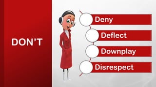DON’T
Deny
Deflect
Downplay
Disrespect
 