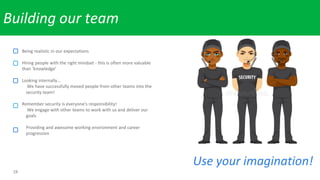 19
Building our team
• Being realistic in our expectations
• Hiring people with the right mindset - this is often more valuable
than ‘knowledge’
• Looking internally…
We have successfully moved people from other teams into the
security team!
• Remember security is everyone's responsibility!
We engage with other teams to work with us and deliver our
goals
Providing and awesome working environment and career
progression
Use your imagination!
 
