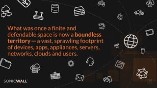 2
What was once a finite and
defendable space is now a boundless
territory ─ a vast, sprawling footprint
of devices, apps, appliances, servers,
networks, clouds and users.
 