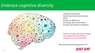 21
Embrace cognitive diversity
- Challenge conventions
- Build a team that treats everyone
fairly*
- Be open to differences
- Encourage open conversations
- Be open and welcome challenges!
- Embrace change and actively engage
with people who have different
viewpoints or ways of thinking
*But avoid the trap of being overly ‘PC’
 