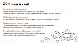 Direct network access can be bought on underground markets to help enable actors to
deploy commodity malware (e.g. POS malware) on target networks.
Copyright © 2020 Accenture. All rights reserved. 208
WHAT’S HAPPENING?
Big game hunting on the rise
Targeted and sophisticated intrusions for financial gain are increasing.
New level of resilience and maturity observed in organised cybercrime given increased LE actions.
Attribution can become harder
Actors increasingly sharing document builders, malware and TTPs in campaigns and intrusions.
Faster and lower costs of entry
Growth of underground economies, in non-English-speaking countries
such as Brazil are targeting their domestic populations.
Emerging of localised underground economies
 