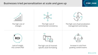 #SitecoreSYM
Businesses tried personalization at scale and gave up
The high cost of
changes
The high cost of
omnichannel consistency
The high cost of personalization
management and testing
Lack of insight
into content ROI
The high cost of channel-
specific asset formatting
Increase in cost from
growing content teams
 