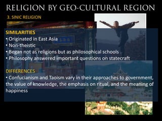 3. SINIC RELIGION


SIMILARITIES
• Originated in East Asia
• Non-theistic
• Began not as religions but as philosophical schools
• Philosophy answered important questions on statecraft

DIFFERENCES
• Confucianism and Taoism vary in their approaches to government,
the value of knowledge, the emphasis on ritual, and the meaning of
happiness
 