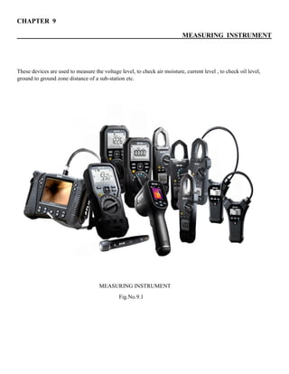 CHAPTER 9
MEASURING INSTRUMENT
These devices are used to measure the voltage level, to check air moisture, current level , to check oil level,
ground to ground zone distance of a sub-station etc.
MEASURING INSTRUMENT
Fig.No.9.1
 