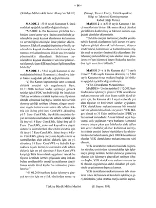 – 14 –

(Kütahya Milletvekili Soner Aksoy’un Teklifi)              (Sanayi, Ticaret, Enerji, Tabii Kaynaklar,
                                                              Bilgi ve Teknoloji Komisyonunun
                                                                      Kabul Ettiği Metin)
      MADDE 2 - 5346 sayılı Kanunun 4. üncü                  MADDE 2 - (1) 5346 sayılı Kanunun 4 ün-
maddesi aşağıdaki şekilde değiştirilmiştir.            cü maddesinin birinci fıkrasının ikinci cümlesi
      “MADDE 4- Bu Kanunun yürürlük tari-              yürürlükten kaldırılmış ve fıkranın sonuna aşa-
hinden sonra kamu veya Hazine arazilerinde ye-         ğıdaki cümleler eklenmiştir.
nilenebilir enerji kaynak alanlarının kullanımını            “Elektrik enerjisi üretimine yönelik yenile-
ve verimliliğini etkileyici imar planları düzen-       nebilir kaynak alanlarının ilgili kurum ve kuru-
lenemez. Elektrik enerjisi üretimine yönelik ye-       luşların görüşü alınarak belirlenmesi, derece-
nilenebilir kaynak alanlarının belirlenmesi, ko-       lendirilmesi, korunması ve kullanılmasına iliş-
runması ve kullanılmasına ilişkin usul ve esaslar      kin usul ve esaslar yönetmelikle düzenlenir. Be-
yönetmelikle düzenlenir. Belirlenen ye-                lirlenen yenilenebilir kaynak alanları imar plan-
nilenebilir kaynak alanları re’sen imar planları-      larına re’sen işlenmek üzere Bakanlık tarafın-
na işlenmek üzere EİE tarafından ilgili mercilere      dan ilgili mercilere bildirilir.”
bildirilir”
      MADDE 3 - 5346 sayılı Kanunun 6 ıncı                   MADDE 3 - (1) Bu Kanuna ekli “I sayılı
maddesinin birinci fıkrasının (c ) bendi ve ikin-      Cetvel” 5346 sayılı Kanuna eklenmiş ve 5346
ci fıkrası aşağıdaki şekilde değiştirilmiştir.         sayılı Kanunun 6 ncı maddesi başlığı ile birlik-
      “c) Bu Kanun kapsamında satın alınacak           te aşağıdaki şekilde değiştirilmiştir.
elektrik enerjisi için uygulanacak fiyat;                    “YEK Destekleme Mekanizması
01.01.2016 tarihine kadar işletmeye girecek                  MADDE 6– Üretim tesisleri 31/12/2015 tari-
tesisler için EPDK’nın belirlediği bir önceki ait      hinden önce işletmeye giren ve YEK destekleme
Türkiye ortalama elektrik toptan satış fiyatının       mekanizmasına tabi olan lisans sahibi tüzel ki-
altında olmamak kaydıyla, üretim tesislerinin          şiler için, bu Kanuna ekli I sayılı cetvelde yer
devreye girdiği tarihten itibaren, rüzgar enerji-      alan fiyatlar ve belirlenen süreler uygulanır.
sine dayalı üretim tesislerinden elde edilen elek-     YEK destekleme mekanizmasına bir sonraki
trik için ilk beş yıl 6 Euro Cent/kWh , ikinci beş     takvim yılında tabi olmak isteyenler, YEK Bel-
yıl 5 Euro Cent/kWh , biyokütle enerjisine da-         gesi almak ve 31 Ekim tarihine kadar EPDK’ya
yalı üretim tesislerinden elde edilen elektrik için    başvurmak zorundadır. Ancak bitkisel veya hay-
ilk beş yıl 14 Euro Cent/kWh , ikinci beş yıl 10       vansal atık yağlardan veya bunların işlenmesi
Euro Cent/kWh, jeotermal kaynaklara dayalı             sonucu ortaya çıkan yan ürünlerden elde edilen
sistem ve santrallerden elde edilen elektrik için      katı ve sıvı haldeki yakıtları kullanmak suretiy-
ilk beş yıl 7 Euro Cent/kWh , ikinci beş yıl 6 Eu-     le elektrik enerjisi üreten biyokütleye dayalı üre-
ro Cent/kWh, güneş enerjisine dayalı sistem ve         tim tesislerinden kurulu gücü 1000 kilovattan az
santrallerden elde edilen elektrik için on yıl         olanlar YEK destekleme mekanizmasına tabi
süresince 18 Euro Cent/kWh ve hidrolik kay-            olamaz.
naklara dayalı üretim tesislerinden elde edilen              YEK destekleme mekanizmasında öngörü-
elektrik için on yıl süresince 5 Euro Cent kWh         len süreler; tesislerden işletmedekiler için işlet-
karşılığı Türk lirası olarak uygulanır. Ancak bu       meye girdiği tarihten, henüz işletmeye girmemiş
fiyatın üzerinde serbest piyasada satış imkanı         olanlar için işletmeye girecekleri tarihten itiba-
bulan yenilenebilir enerji kaynaklarına dayalı         ren başlar. YEK destekleme mekanizmasına ta-
lisans sahibi tüzel kişiler bu imkandan yarar-         bi olanlar, uygulamaya dahil oldukları yıl içeri-
lanırlar.”                                             sinde uygulamanın dışına çıkamaz.
      “ 01.01.2016 tarihine kadar işletmeye gire-            YEK destekleme mekanizmasına tabi olan-
cek tesisler için on yıllık sürelerden sonra ve        ların listesi ile bunlara ait tesislerin işletmeye gi-
                                                       riş tarihlerine, yıllık elektrik enerjisi üretim kapasi-

                       Türkiye Büyük Millet Meclisi               (S. Sayısı: 395)
 
