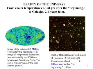 BEAUTY OF THE UNIVERSE 
From cooler temperatures 0.3 M yrs after the “Beginning,” 
to Galaxies, 2 B years later. 
Image of the universe 0.3 Million 
years after “the beginning.” This 
image of temperature fluctuations 
was measured by the Wilkinson 
Microwave Anisotropy Probe. The 
cooler regions “seeded” the stars 
and the galaxies. 28 
Hubble Optical Deep Field Image 
of Galaxies 12 Billion Light 
Years away, about 2 
Billion years after “the 
beginning.” (1996) 
 