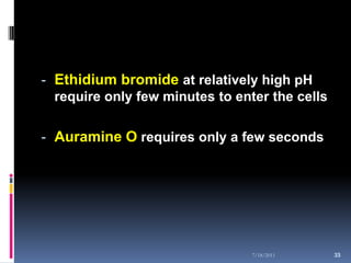 - Ethidium bromide at relatively high pH
  require only few minutes to enter the cells

- Auramine O requires only a few seconds




                                 7/18/2011      33
                                                33
 