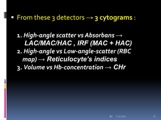  From these 3 detectors → 3 cytograms :

 1. High-angle scatter vs Absorbans →
    LAC/MAC/HAC , IRF (MAC + HAC)
 2. High-angle vs Low-angle-scatter (RBC
   map) → Reticulocyte’s indices
 3. Volume vs Hb-concentration → CHr




                                51   7/18/2011   51
 