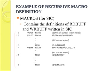 EXAMPLE OF RECURSIVE MACROEXAMPLE OF RECURSIVE MACRO
DEFINITIONDEFINITION
MACROS (for SIC)
◦ Contains the definitions of RDBUFF
and WRBUFF written in SIC
instructions.
 