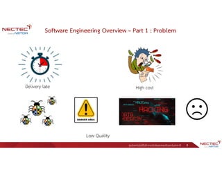 ศูนย์เทคโนโลยีอิเล็กทรอนิกส์และคอมพิวเตอร์แห่งชาติ 9
Software Engineering Overview – Part 1 : Problem
Delivery late High cost
Low Quality
 