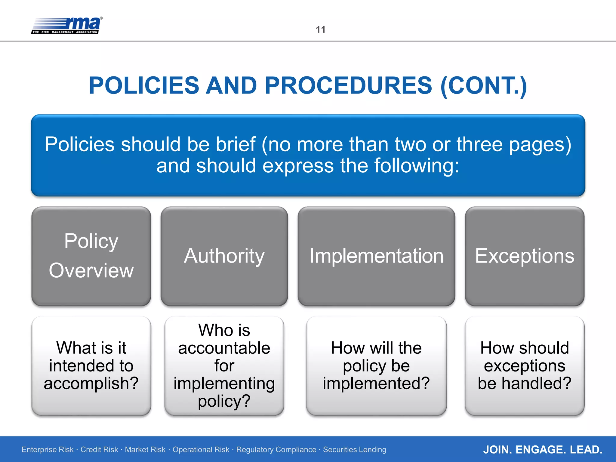 Enterprise Risk · Credit Risk · Market Risk · Operational Risk · Regulatory Compliance · Securities Lending
11
JOIN. ENGAGE. LEAD.
POLICIES AND PROCEDURES (CONT.)
Policies should be brief (no more than two or three pages)
and should express the following:
Policy
Overview
What is it
intended to
accomplish?
Authority
Who is
accountable
for
implementing
policy?
Implementation
How will the
policy be
implemented?
Exceptions
How should
exceptions
be handled?
 