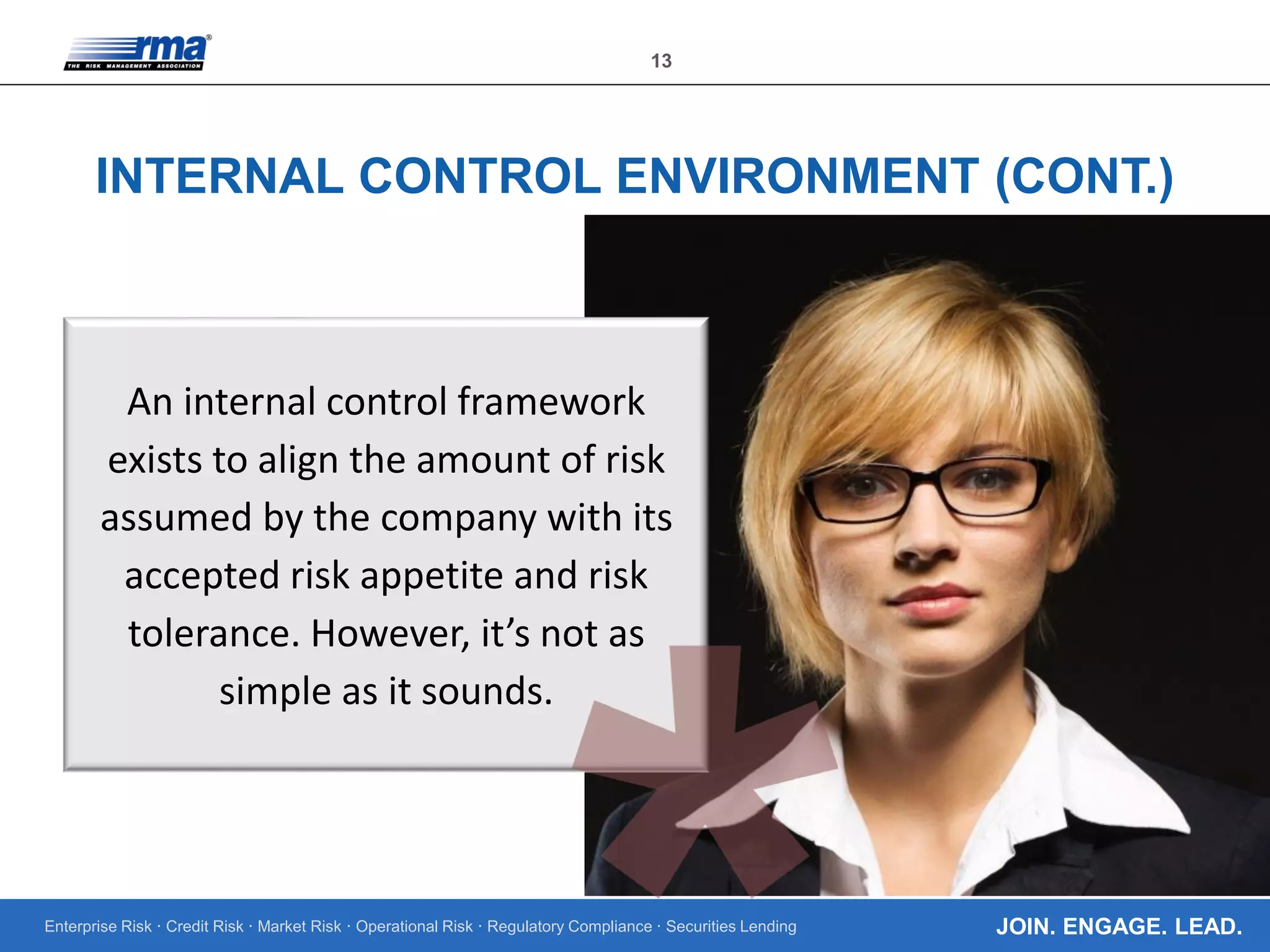 Enterprise Risk · Credit Risk · Market Risk · Operational Risk · Regulatory Compliance · Securities Lending
13
JOIN. ENGAGE. LEAD.
INTERNAL CONTROL ENVIRONMENT (CONT.)
An internal control framework
exists to align the amount of risk
assumed by the company with its
accepted risk appetite and risk
tolerance. However, it’s not as
simple as it sounds.
 